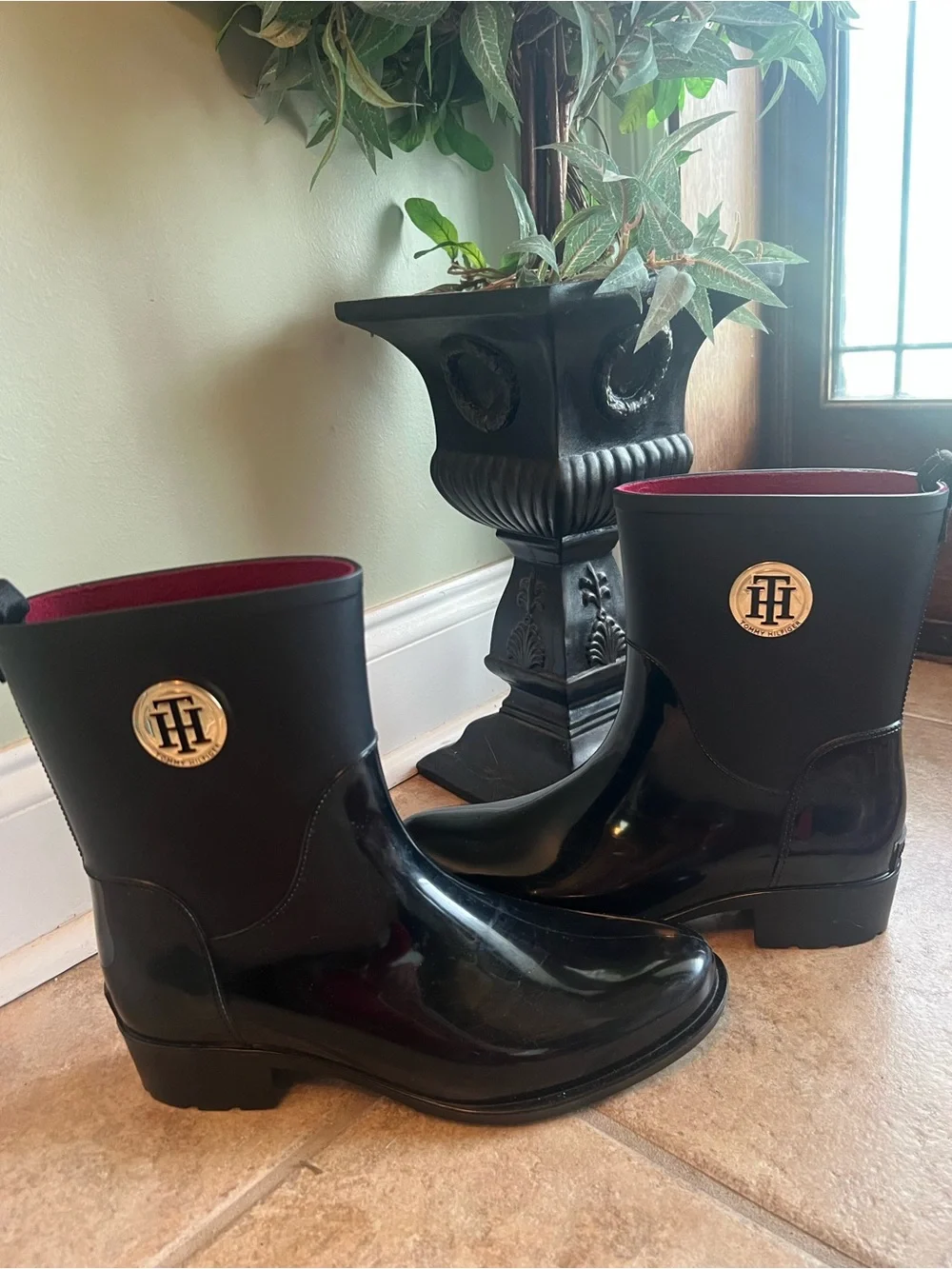 Tommy Hilfiger Black Short Rain Boots with Red Interior